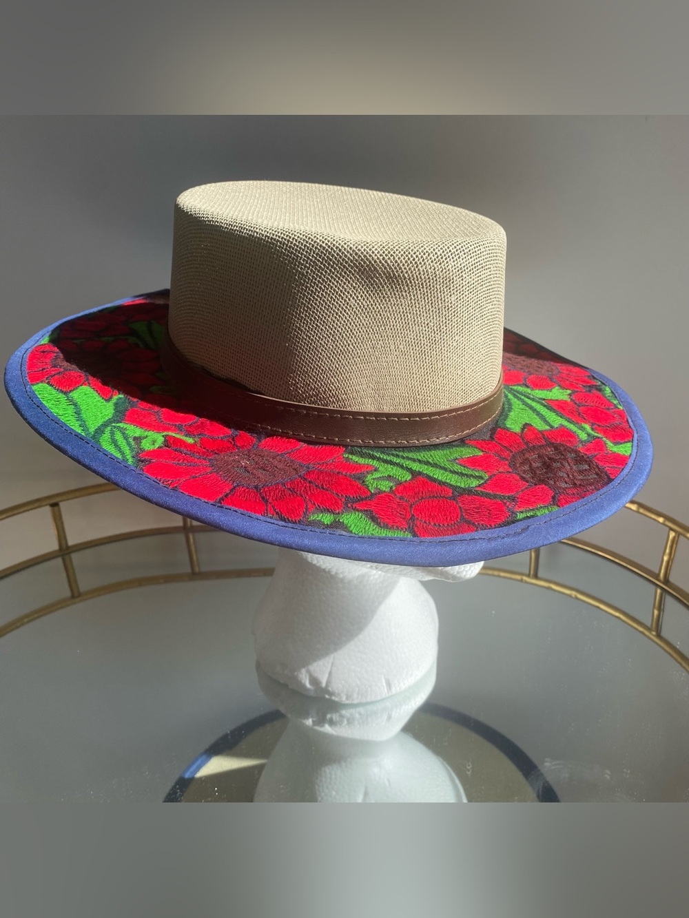 Colorful bold floral embroidered Mexican summer sun hat boho Southwest one size